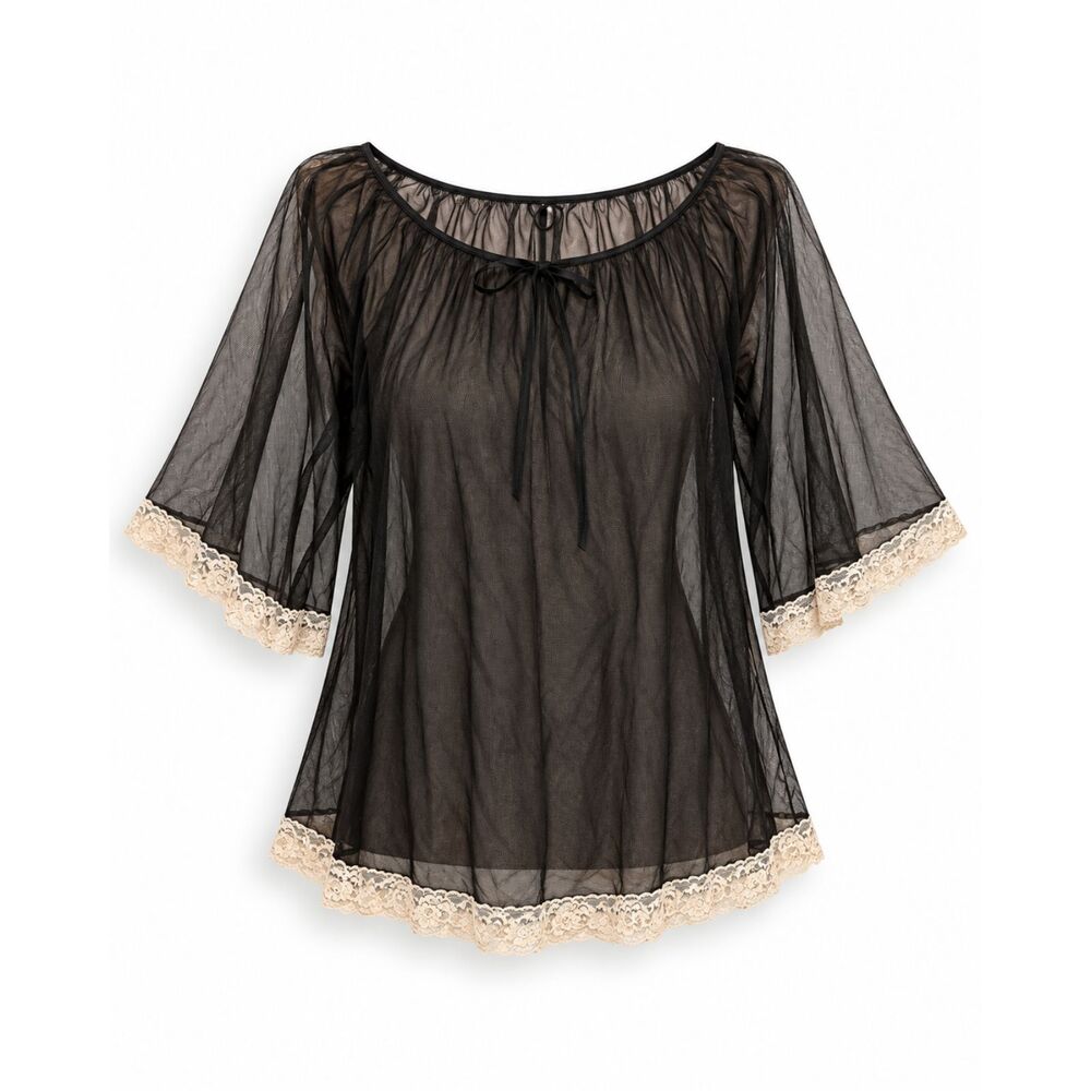 Vintage Lingerie Whimsigoth Coquette Fairy Sheer Top with Lace Trim